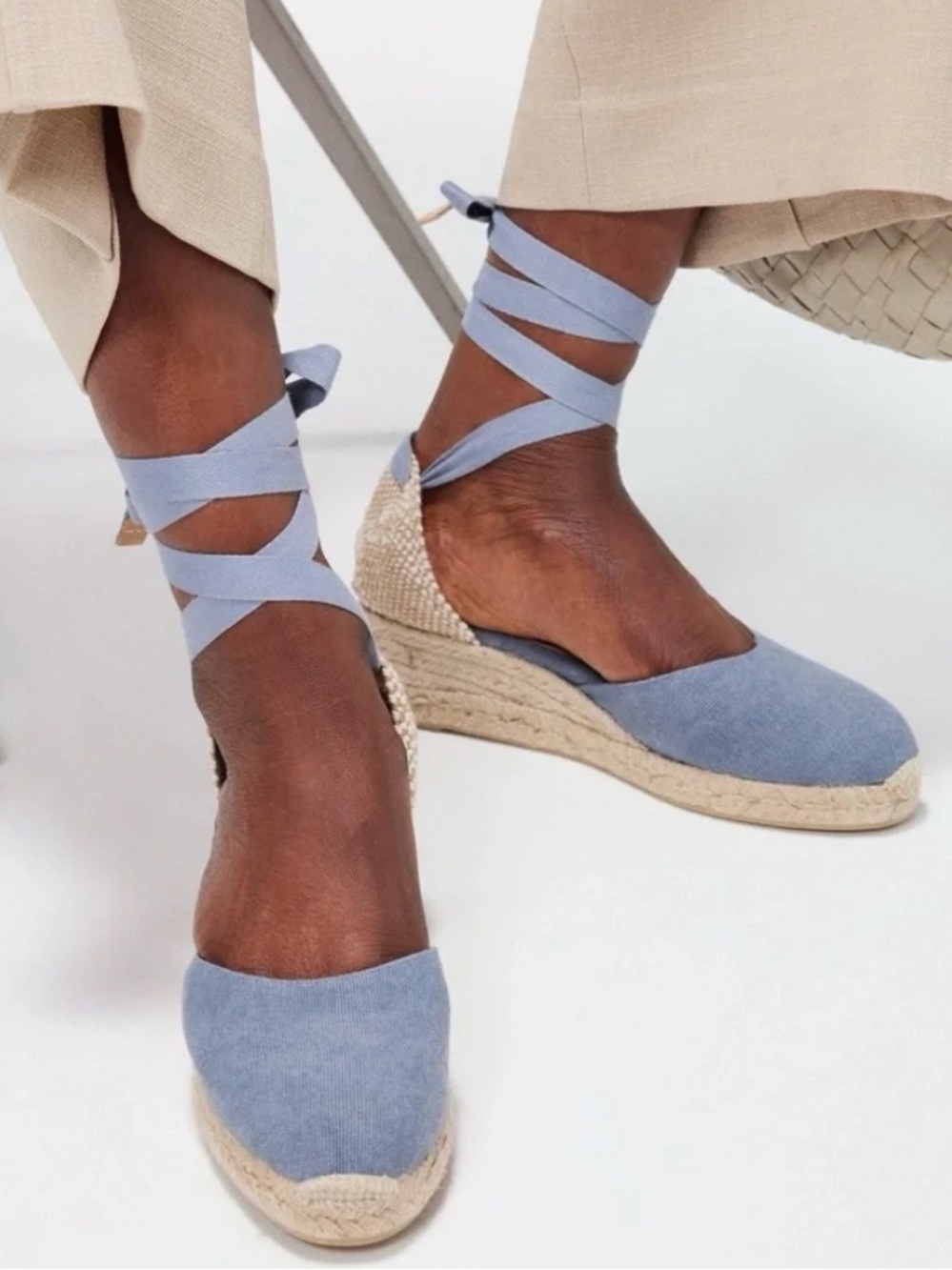 Soludos Marseille blue canvas espadrille wedge with lace up ankle